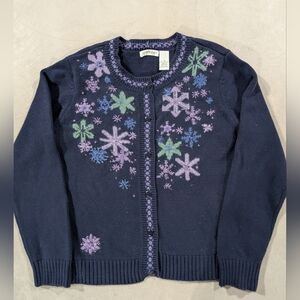 Vintage Orvis Navy Snowflake Embroidered Chunky Button Up Cardigan Sweater Med